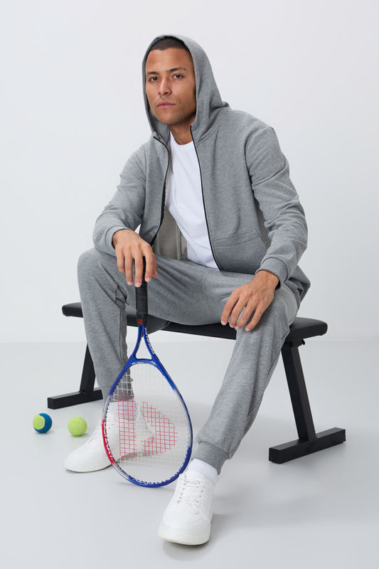 Grey Melange Compact Cotton Thick Smooth Textured Hooded Comfort Fit Men's Tracksuit Set - 85262