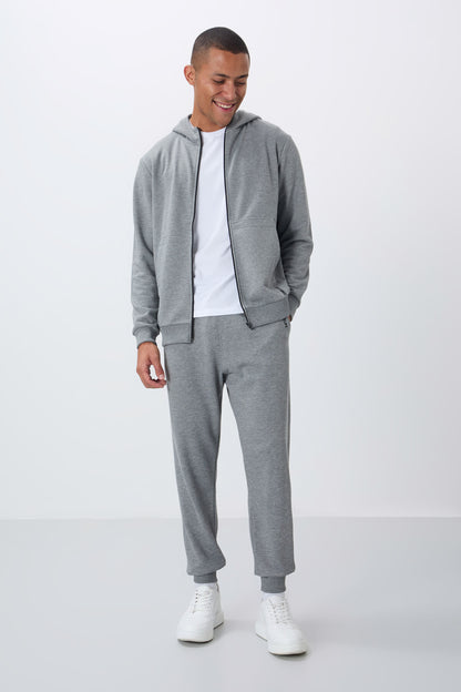 Grey Melange Compact Cotton Thick Smooth Textured Hooded Comfort Fit Men's Tracksuit Set - 85262
