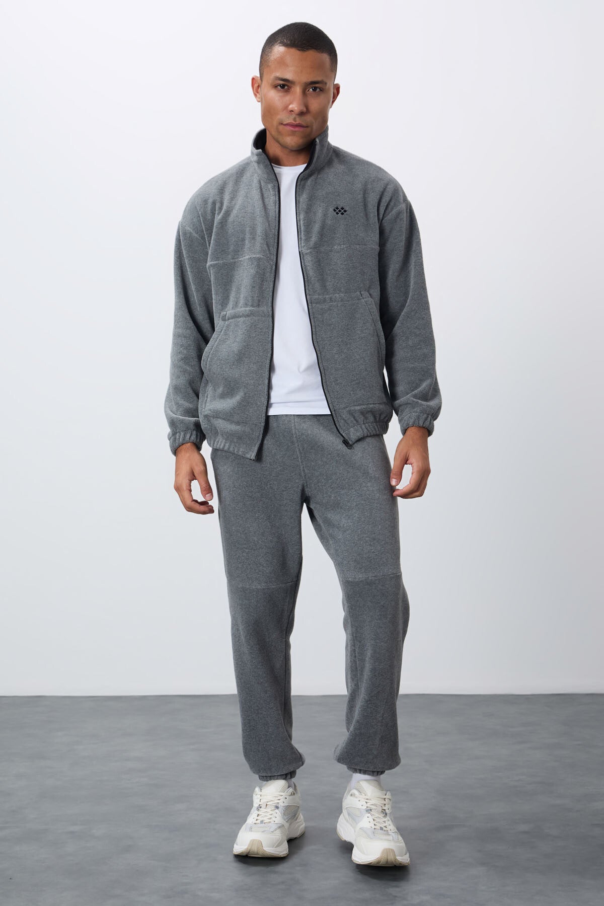 Grey Melange Thick Soft Textured Comfort Fit Embroidered Men's Tracksuit Set - 85269