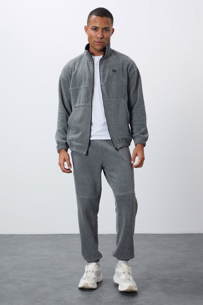 Grey Melange Thick Soft Textured Comfort Fit Embroidered Men's Tracksuit Set - 85269