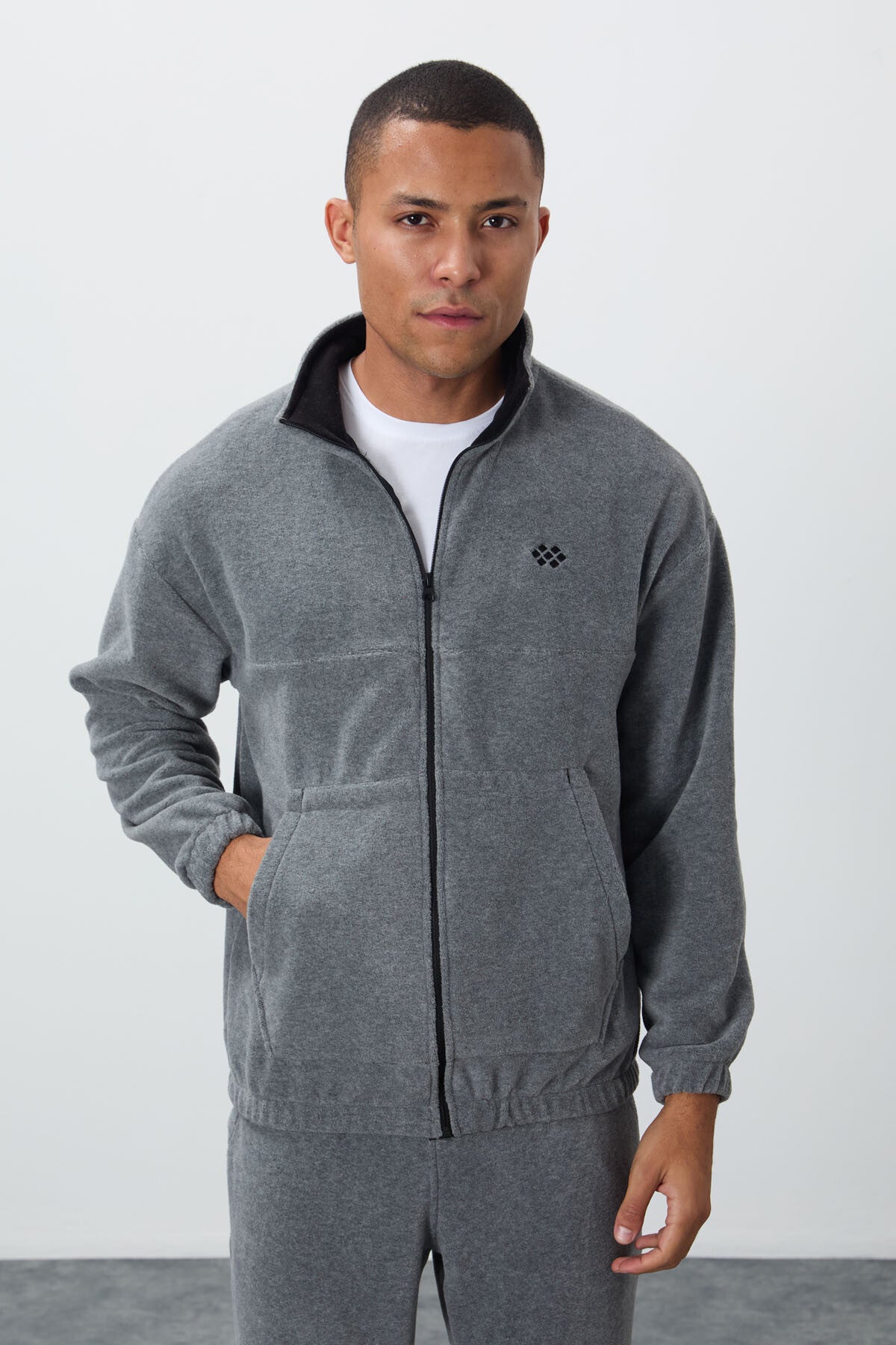Grey Melange Thick Soft Textured Comfort Fit Embroidered Men's Tracksuit Set - 85269