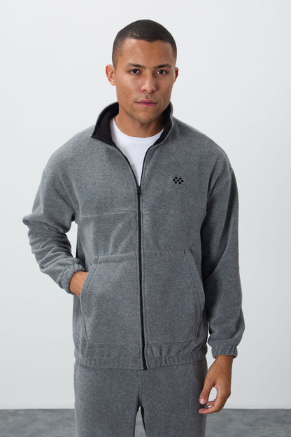 Grey Melange Thick Soft Textured Comfort Fit Embroidered Men's Tracksuit Set - 85269