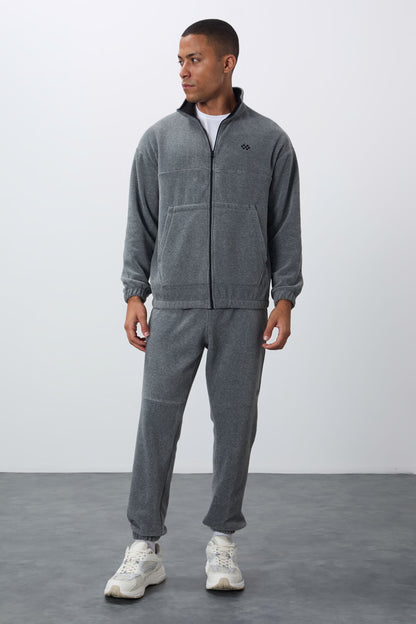 Grey Melange Thick Soft Textured Comfort Fit Embroidered Men's Tracksuit Set - 85269