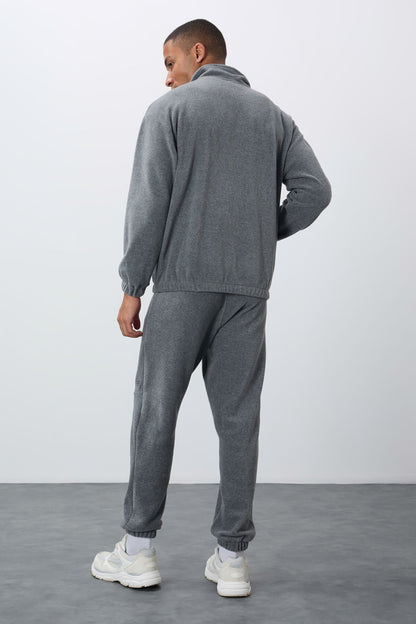 Grey Melange Thick Soft Textured Comfort Fit Embroidered Men's Tracksuit Set - 85269