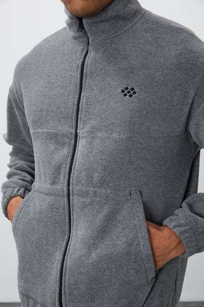 Grey Melange Thick Soft Textured Comfort Fit Embroidered Men's Tracksuit Set - 85269