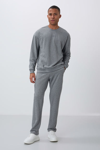 Grey Melange Compact Cotton Thick Smooth Textured O Collar Comfort Fit Men's Tracksuit Set -85263
