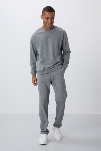 Grey Melange Compact Cotton Thick Smooth Textured O Collar Comfort Fit Men's Tracksuit Set -85263