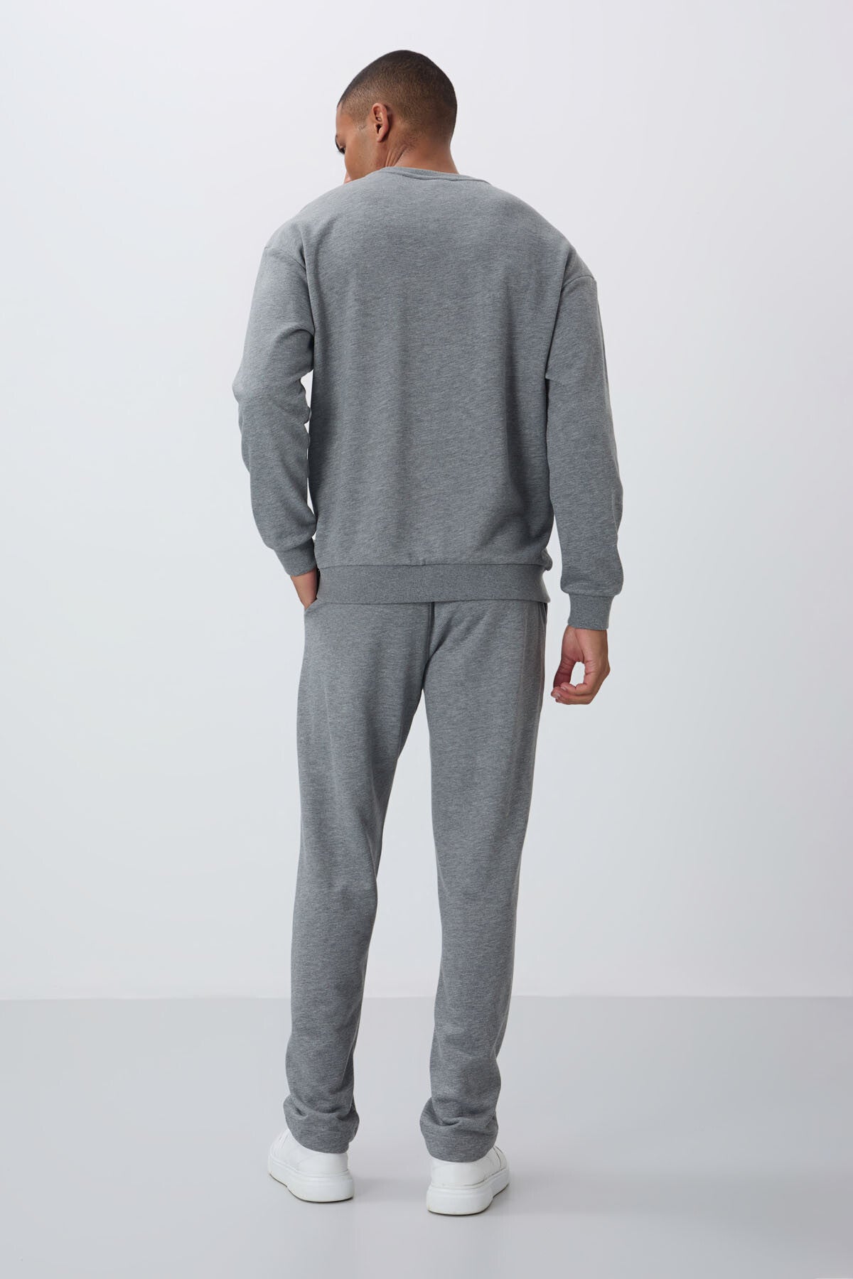 Grey Melange Compact Cotton Thick Smooth Textured O Collar Comfort Fit Men's Tracksuit Set -85263