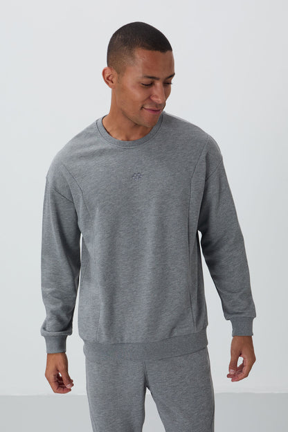 Grey Melange Compact Cotton Thick Smooth Textured O Collar Comfort Fit Men's Tracksuit Set -85263