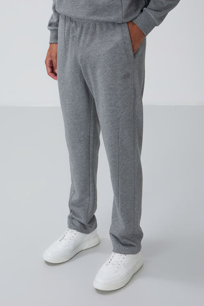 Grey Melange Compact Cotton Thick Smooth Textured O Collar Comfort Fit Men's Tracksuit Set -85263