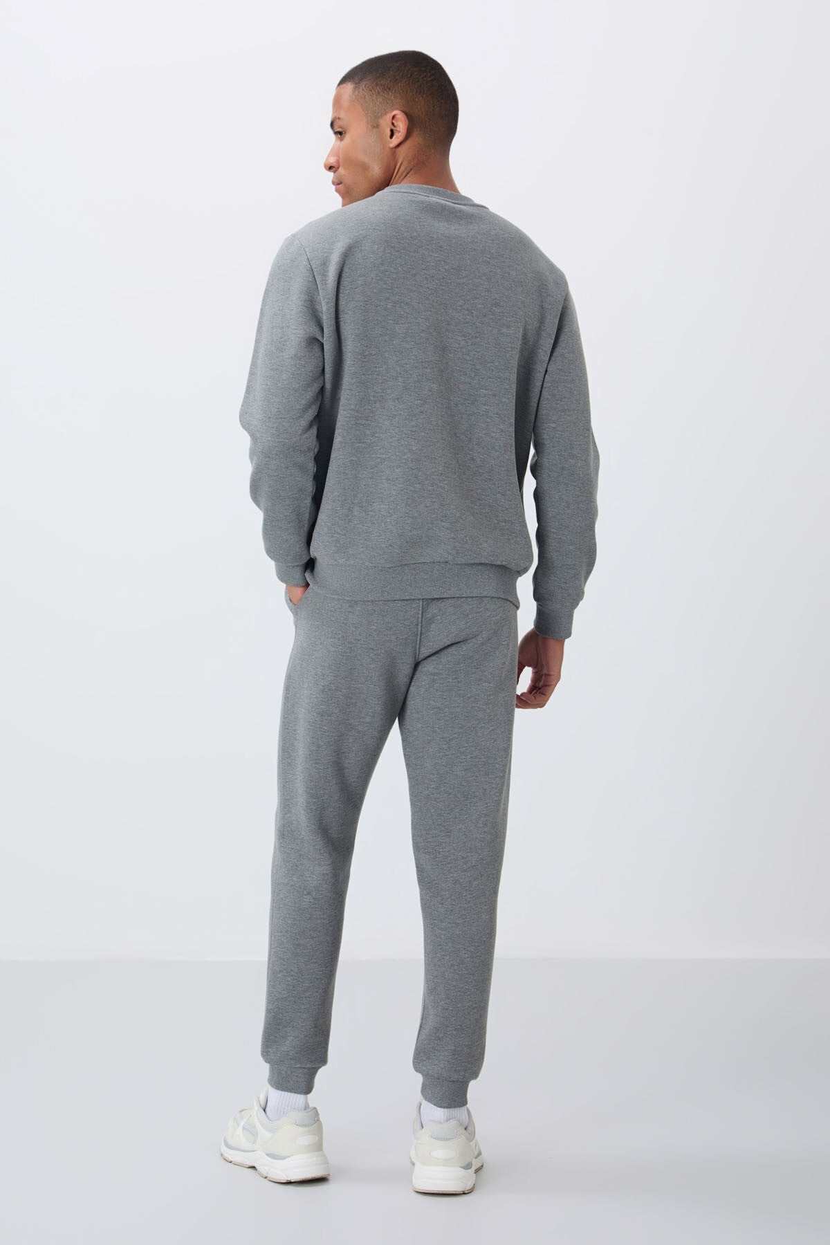 Grey Melange Cotton Thick Fleece-Lined Soft Textured Comfort Fit Embroidered Men's Tracksuit Set -85265
