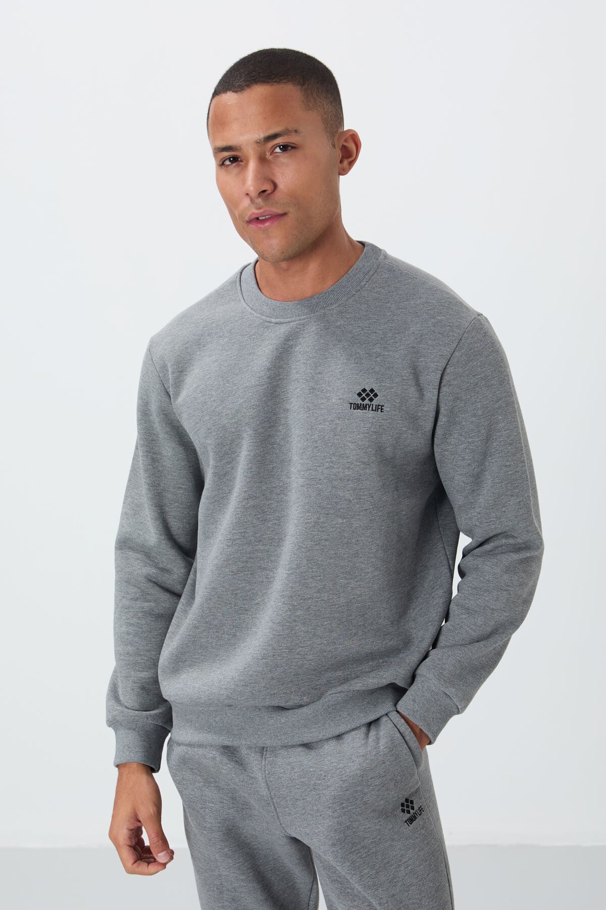 Grey Melange Cotton Thick Fleece-Lined Soft Textured Comfort Fit Embroidered Men's Tracksuit Set -85265