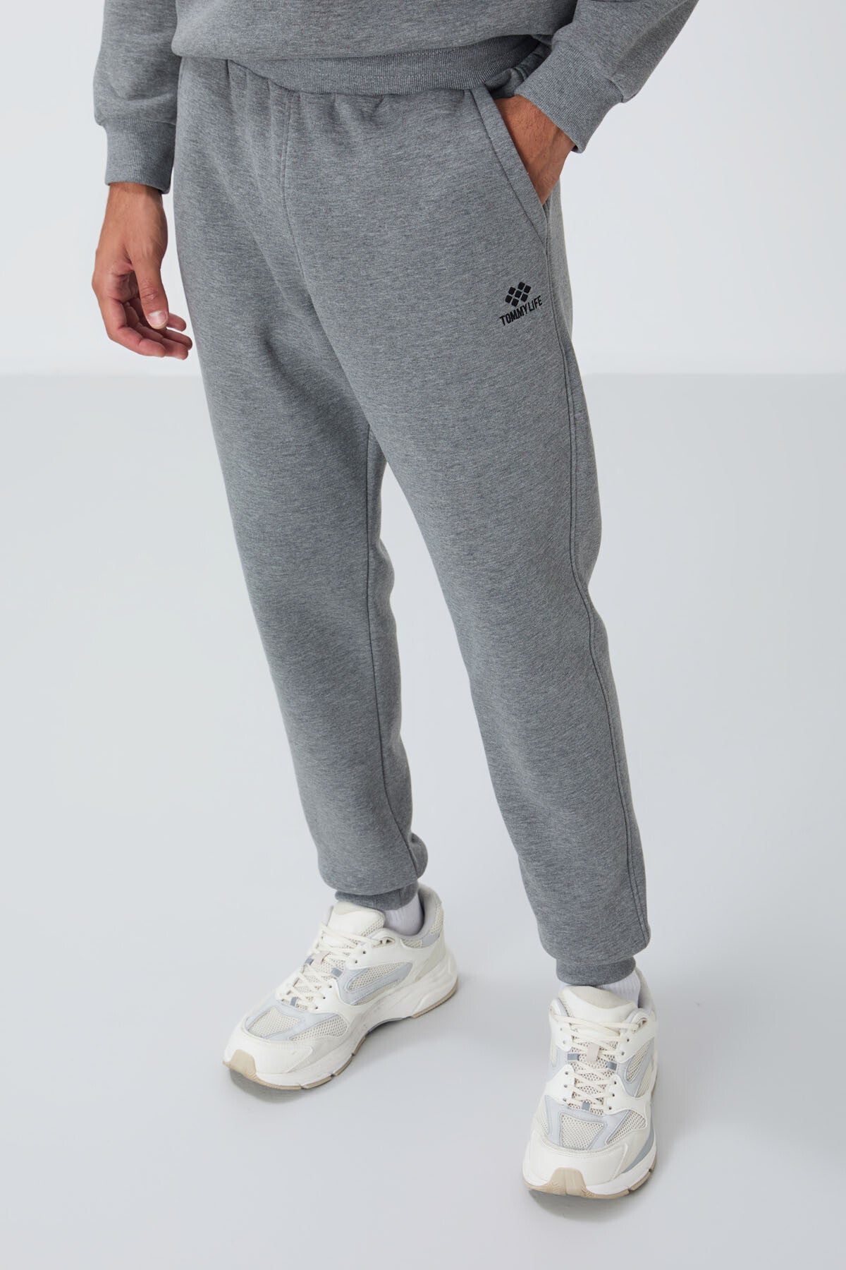 Grey Melange Cotton Thick Fleece-Lined Soft Textured Comfort Fit Embroidered Men's Tracksuit Set -85265