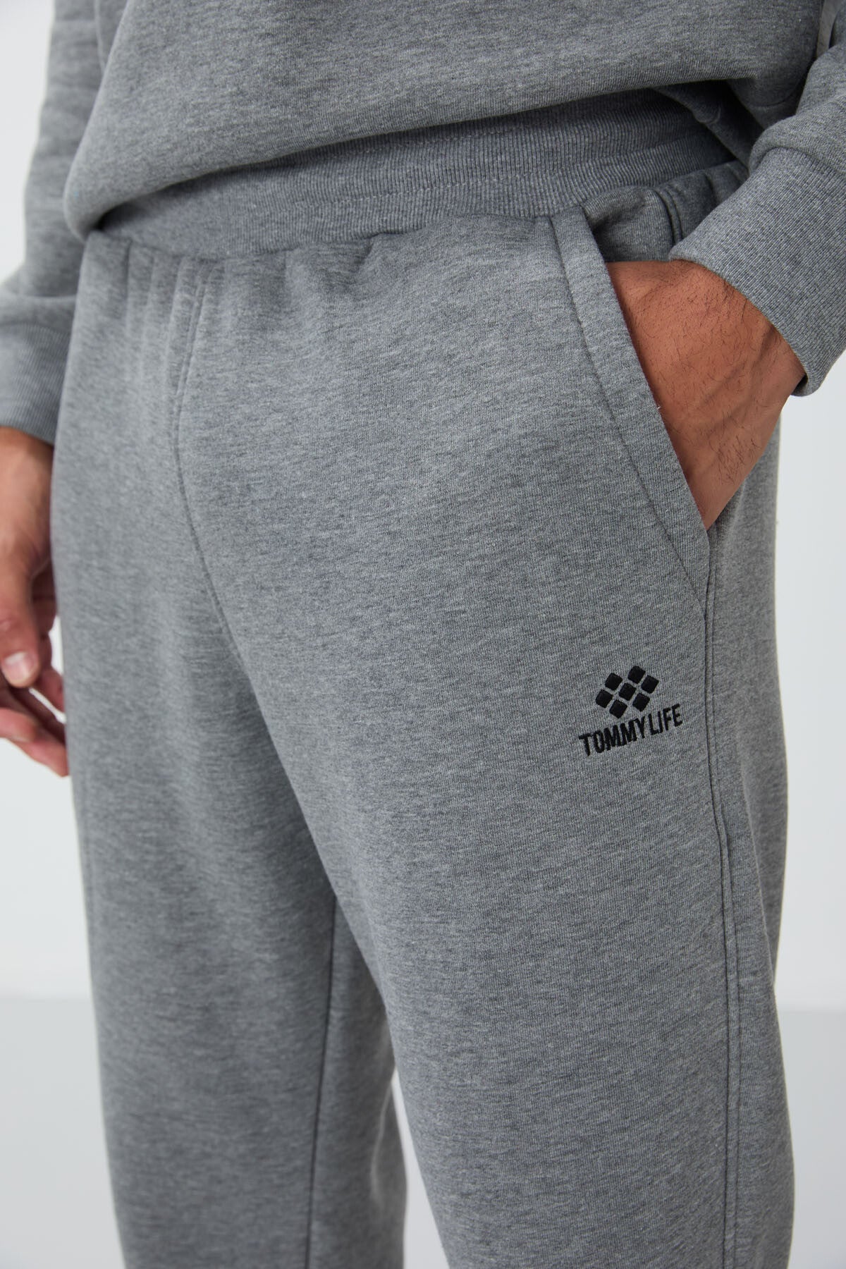 Grey Melange Cotton Thick Fleece-Lined Soft Textured Comfort Fit Embroidered Men's Tracksuit Set -85265