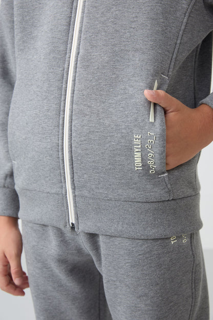 Grey Melange Cotton Thick Fleece-Lined Soft Textured Standard Fit Embroidered Boys' Tracksuit Set - 11240