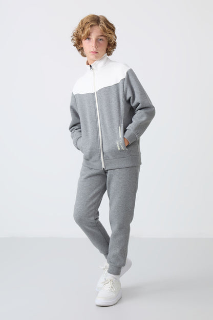 Grey Melange Cotton Thick Fleece-Lined Soft Textured Standard Fit Embroidered Boys' Tracksuit Set - 11240