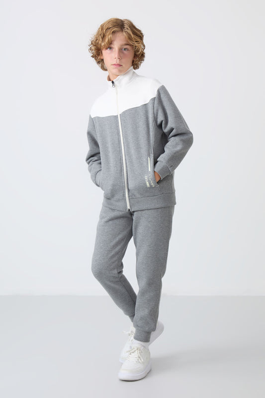 Grey Melange Cotton Thick Fleece-Lined Soft Textured Standard Fit Embroidered Boys' Tracksuit Set - 11240