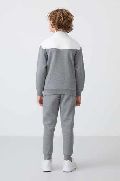 Grey Melange Cotton Thick Fleece-Lined Soft Textured Standard Fit Embroidered Boys' Tracksuit Set - 11240