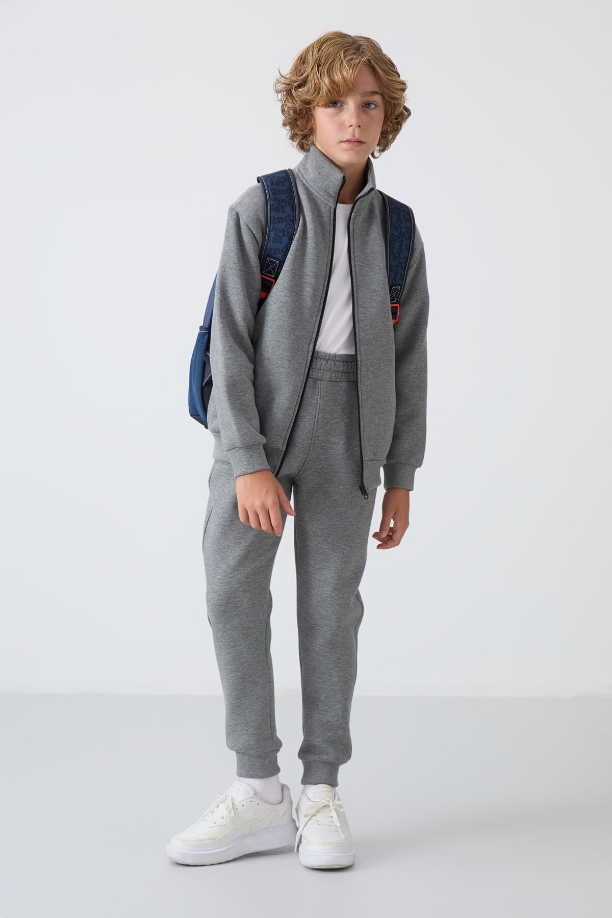 Grey Melange Cotton Thick Fleece-Lined Soft Textured Standard Fit Embroidered Boys' Tracksuit Set - 11256