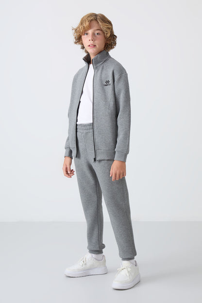 Grey Melange Cotton Thick Fleece-Lined Soft Textured Standard Fit Embroidered Boys' Tracksuit Set - 11256