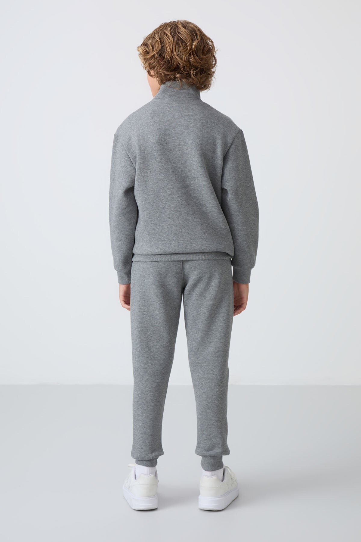 Grey Melange Cotton Thick Fleece-Lined Soft Textured Standard Fit Embroidered Boys' Tracksuit Set - 11256