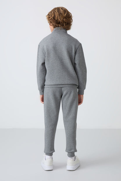 Grey Melange Cotton Thick Fleece-Lined Soft Textured Standard Fit Embroidered Boys' Tracksuit Set - 11256