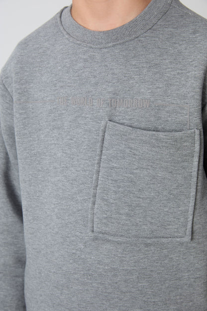 Grey Melange Cotton Thick Fleece-Lined Soft Textured Standard Fit Printed Boys' Tracksuit Set - 11257