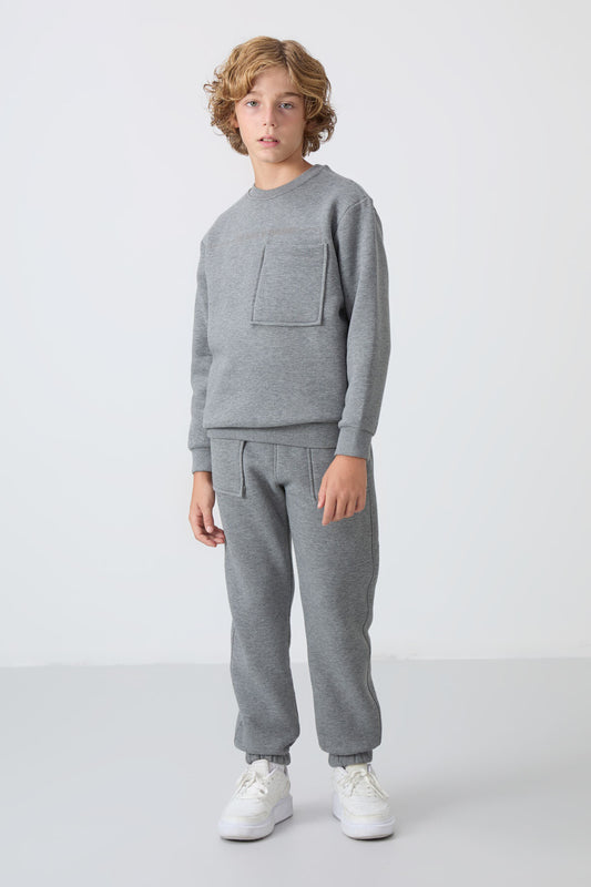 Grey Melange Cotton Thick Fleece-Lined Soft Textured Standard Fit Printed Boys' Tracksuit Set - 11257