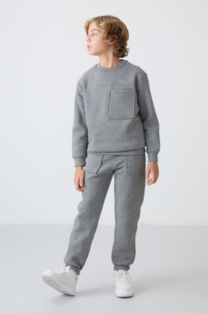 Grey Melange Cotton Thick Fleece-Lined Soft Textured Standard Fit Printed Boys' Tracksuit Set - 11257