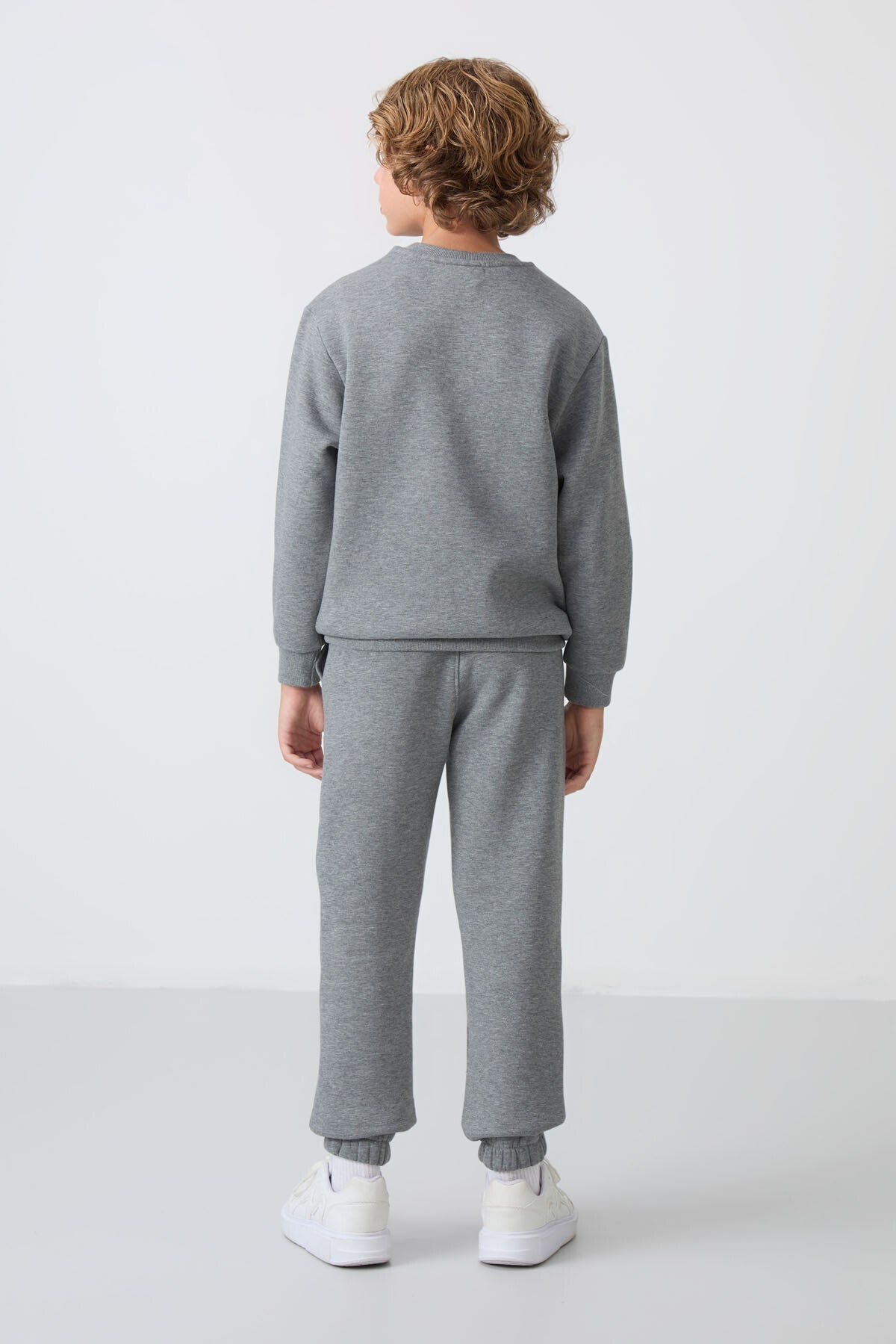 Grey Melange Cotton Thick Fleece-Lined Soft Textured Standard Fit Printed Boys' Tracksuit Set - 11257