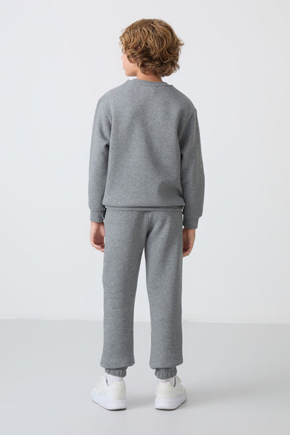 Grey Melange Cotton Thick Fleece-Lined Soft Textured Standard Fit Printed Boys' Tracksuit Set - 11257