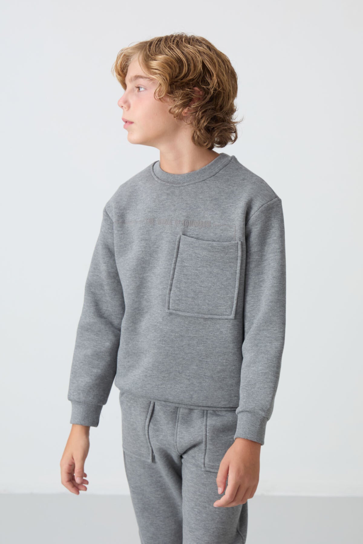 Grey Melange Cotton Thick Fleece-Lined Soft Textured Standard Fit Printed Boys' Tracksuit Set - 11257