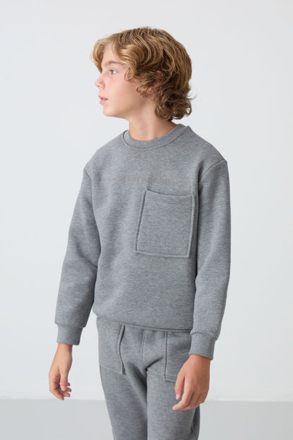 Grey Melange Cotton Thick Fleece-Lined Soft Textured Standard Fit Printed Boys' Tracksuit Set - 11257