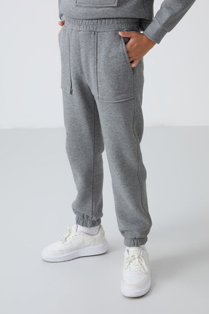 Grey Melange Cotton Thick Fleece-Lined Soft Textured Standard Fit Printed Boys' Tracksuit Set - 11257