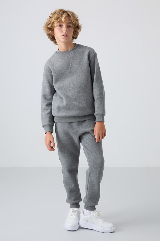Grey Melange Cotton Thick Fleece-Lined Soft Textured Standard Fit Embroidered Boys' Tracksuit Set - 11249