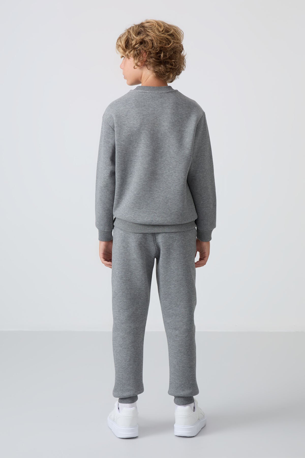 Grey Melange Cotton Thick Fleece-Lined Soft Textured Standard Fit Embroidered Boys' Tracksuit Set - 11249