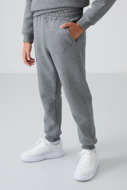 Grey Melange Cotton Thick Fleece-Lined Soft Textured Standard Fit Embroidered Boys' Tracksuit Set - 11249