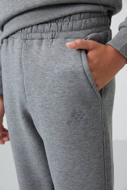 Grey Melange Cotton Thick Fleece-Lined Soft Textured Standard Fit Embroidered Boys' Tracksuit Set - 11249