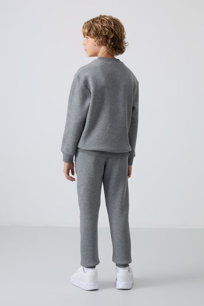 Grey Melange Cotton Thick Fleece-Lined Soft Textured Standard Fit Printed Boys' Tracksuit Set - 11253