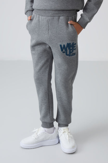 Grey Melange Cotton Thick Fleece-Lined Soft Textured Standard Fit Printed Boys' Tracksuit Set - 11253
