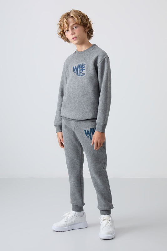 Grey Melange Cotton Thick Fleece-Lined Soft Textured Standard Fit Printed Boys' Tracksuit Set - 11253