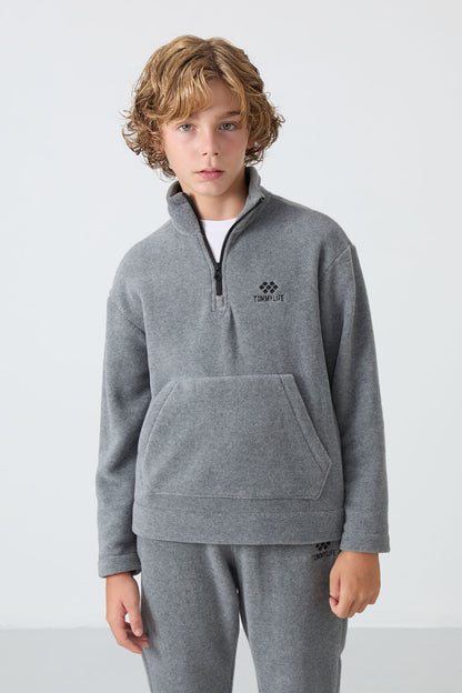 Grey Melange Thick Soft Textured Standard Fit Embroidered Fleece Boys' Tracksuit Set - 11218