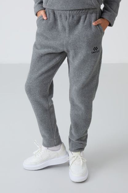 Grey Melange Thick Soft Textured Standard Fit Embroidered Fleece Boys' Tracksuit Set - 11218