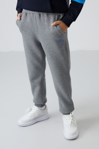 Grey Melange Cotton Thick Fleece-Lined Soft Textured Standard Fit Embroidered Boys' Tracksuit Set - 11255