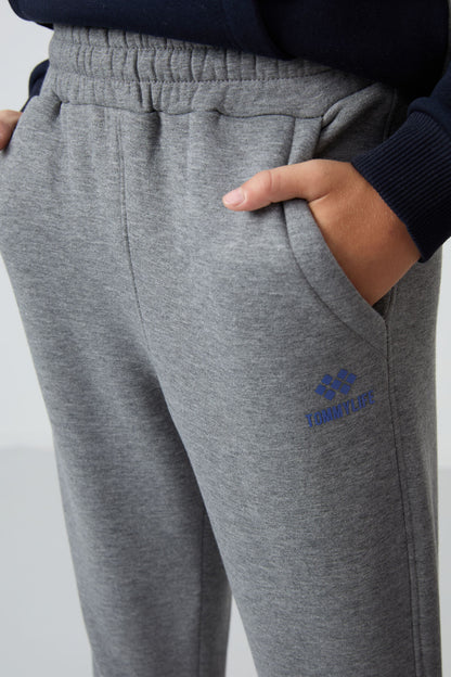 Grey Melange Cotton Thick Fleece-Lined Soft Textured Standard Fit Embroidered Boys' Tracksuit Set - 11255