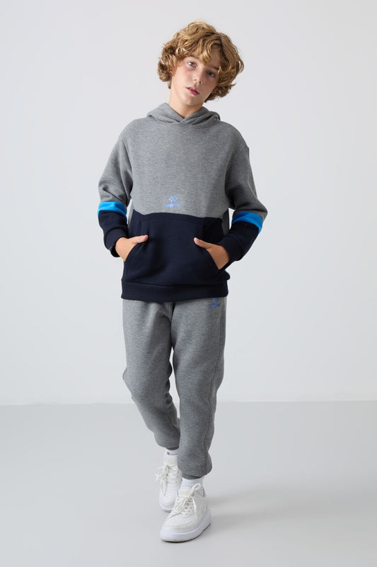 Grey Melange Cotton Thick Fleece-Lined Soft Textured Standard Fit Embroidered Boys' Tracksuit Set - 11255