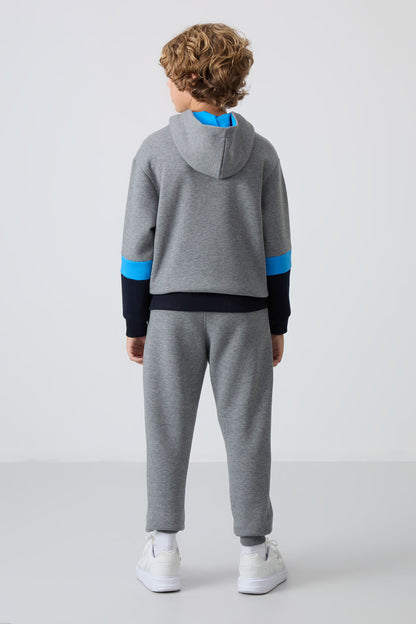 Grey Melange Cotton Thick Fleece-Lined Soft Textured Standard Fit Embroidered Boys' Tracksuit Set - 11255