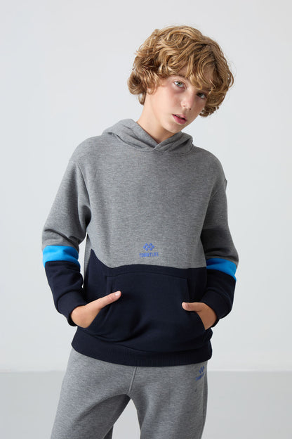 Grey Melange Cotton Thick Fleece-Lined Soft Textured Standard Fit Embroidered Boys' Tracksuit Set - 11255