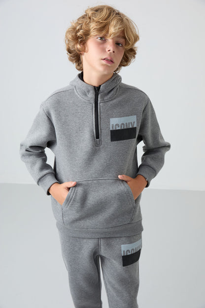 Grey Melange Cotton Thick Fleece-Lined Soft Textured Standard Fit Printed Boys' Tracksuit Set - 11246