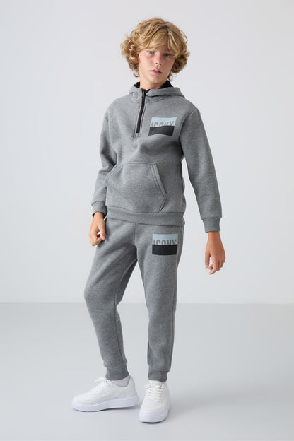 Grey Melange Cotton Thick Fleece-Lined Soft Textured Standard Fit Printed Boys' Tracksuit Set - 11246